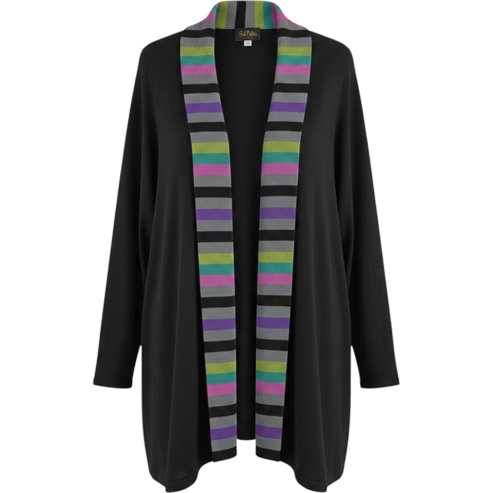 Bob Mackie Wearable Art Cardigan Womens 2X Black Striped Open Front Knit A259408